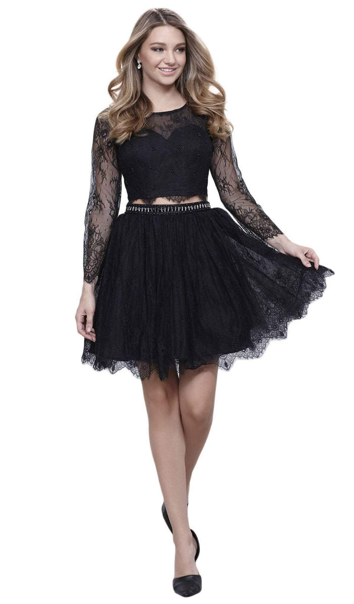Nox Anabel - 6268 Two Piece Lace Long Sleeve Short Party Dress Special Occasion Dress XS / Black