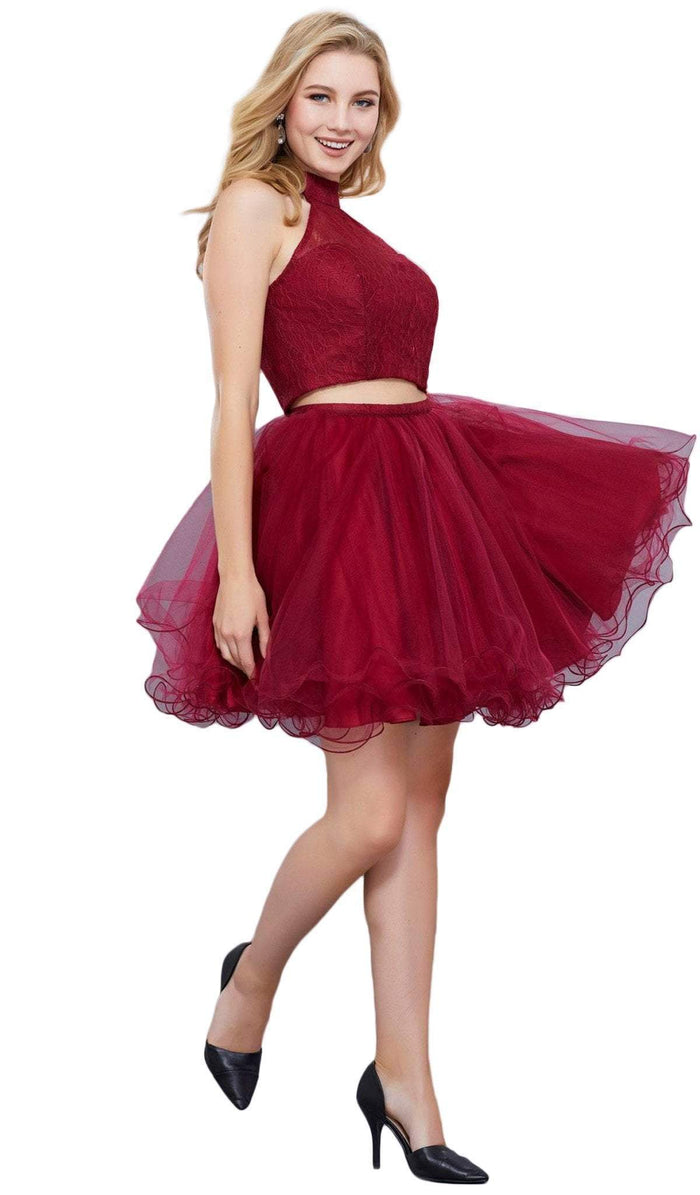 Nox Anabel - 6354 Lace Illusion High Halter A-line Dress Special Occasion Dress XS / Burgundy