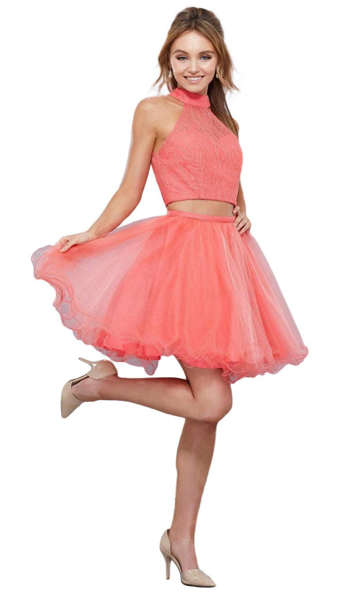 Nox Anabel - 6354 Lace Illusion High Halter A-line Dress Special Occasion Dress XS / Coral