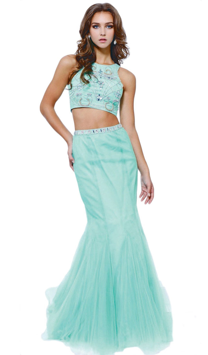 Nox Anabel - 8156 Embellished Halter Crop-Top Two Piece Evening Gown Special Occasion Dress XS / Mint Green