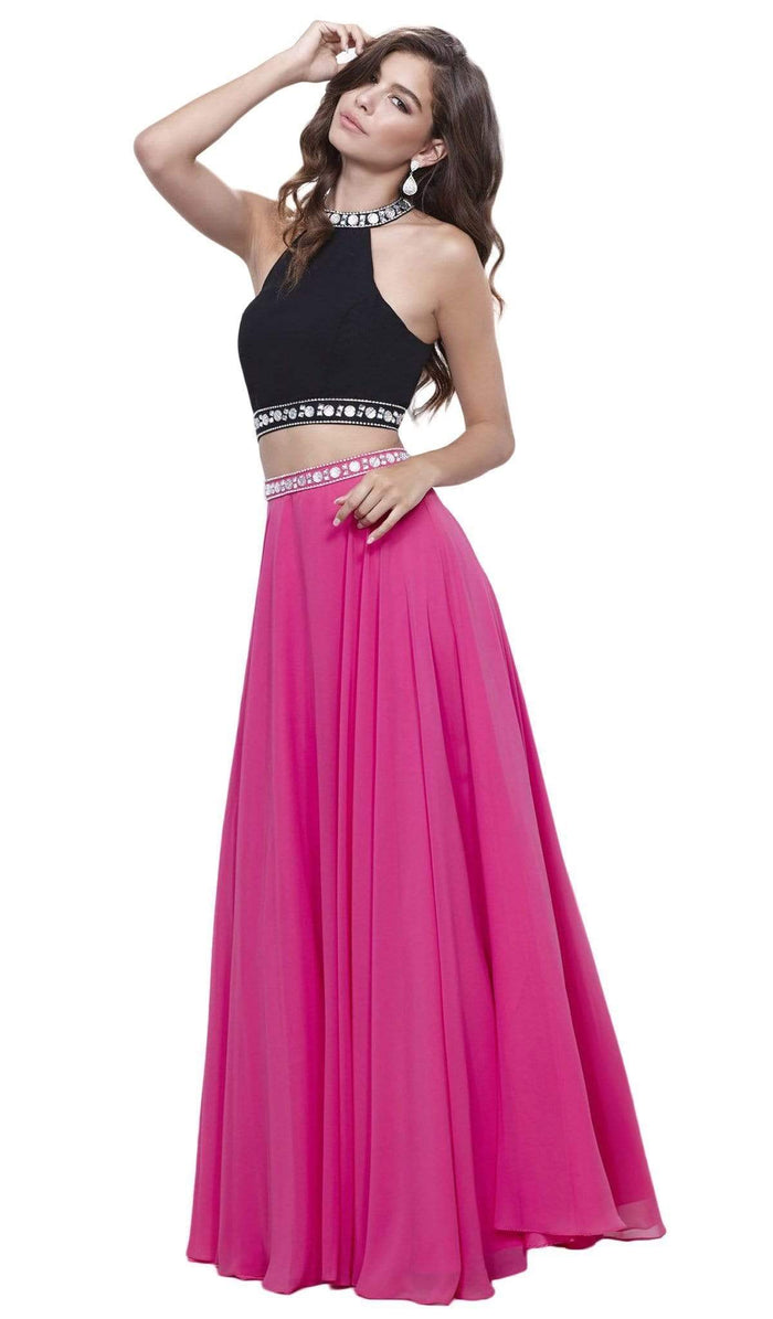 Nox Anabel - 8214 Two-Piece Bedazzled Halter Neck A-line Dress Special Occasion Dress XS / Fuchsia & Black