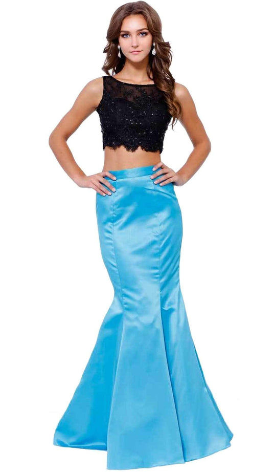 Nox Anabel - 8231 Two Piece Colorblock Satin Evening Dress Special Occasion Dress XS / Turquoise & Black