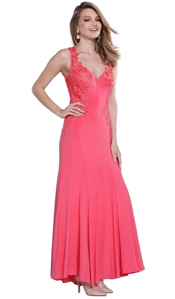 Nox Anabel - 8258 Embroidered V-neck Sheath Dress Special Occasion Dress S / Coral