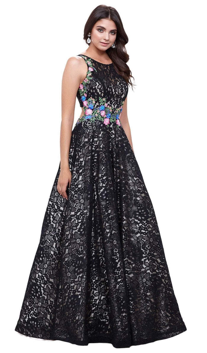 Nox Anabel - 8281 Sleeveless Embroidered Lace Scoop A-line Dress Special Occasion Dress XS / Black