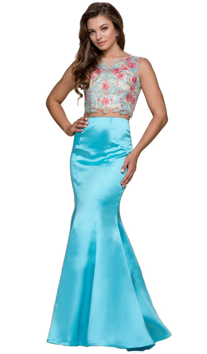 Nox Anabel - 8287 Two-Piece Crop Top Floral Lace Long Dress Special Occasion Dress XS / Turquoise