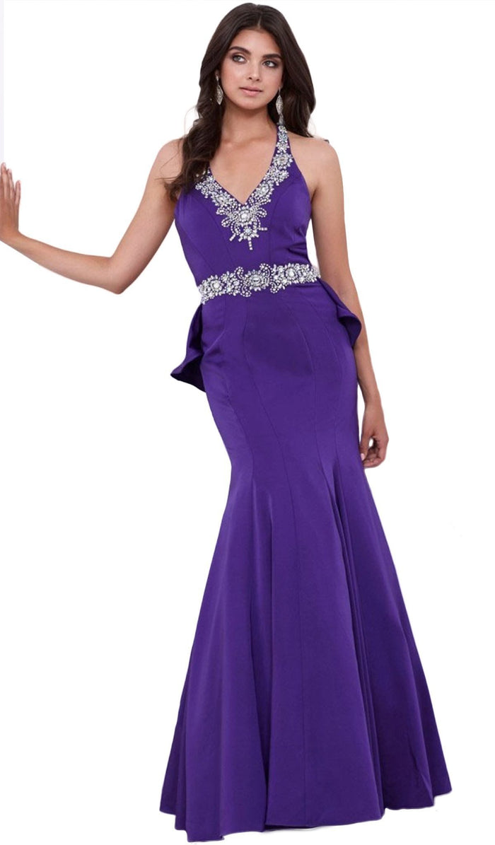 Nox Anabel - 8315 Embellished V-neck Satin Mermaid Dress Special Occasion Dress XS / Purple