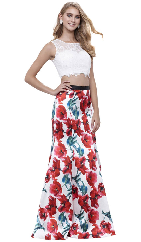 Nox Anabel - 8342 Sleeveless Lace Floral Trumpet Evening Dress Special Occasion Dress XS / Floral Patterns