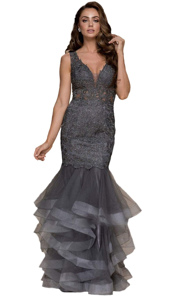 Nox Anabel - A059 Beaded Lace Ruffled Mermaid Dress Special Occasion Dress XS / Steel