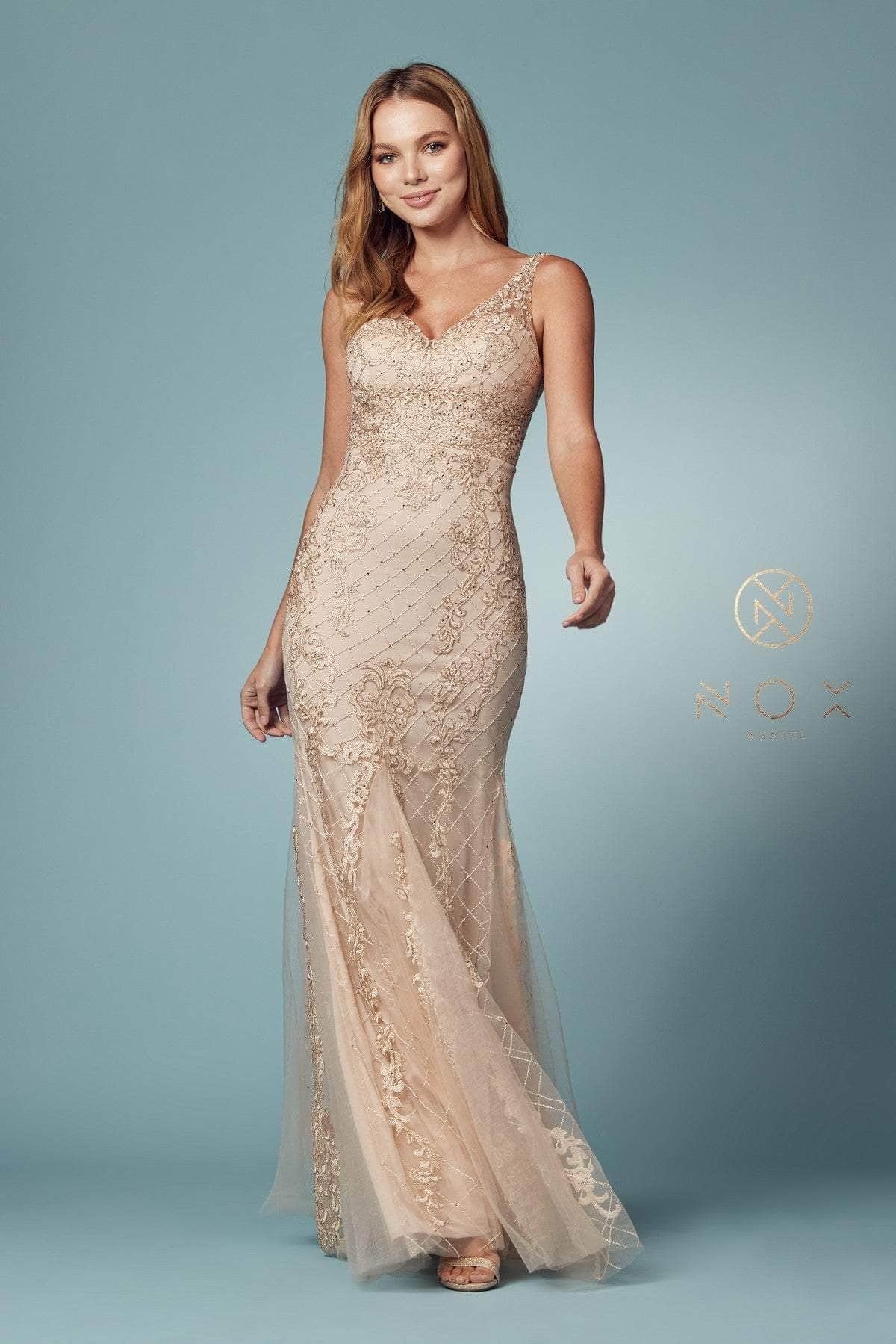 Nox Anabel A398 Sleeveless V Neck Beaded Lace Applique Trumpet Gown