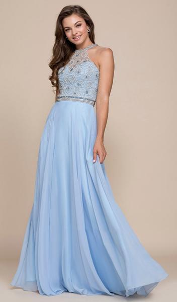 Nox Anabel - Beaded Illusion Halter A-line Dress 8295 - 1 pc Ice Blue In Size L Available CCSALE L / Ice Blue