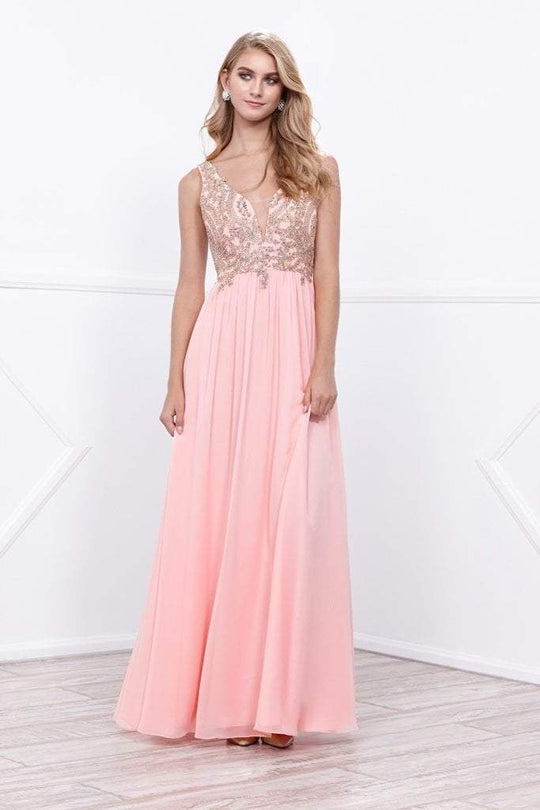Nox Anabel Beaded V-Neck Illusion Long Dress in Bashful Pink 8343 CCSALE S / Bashful Pink