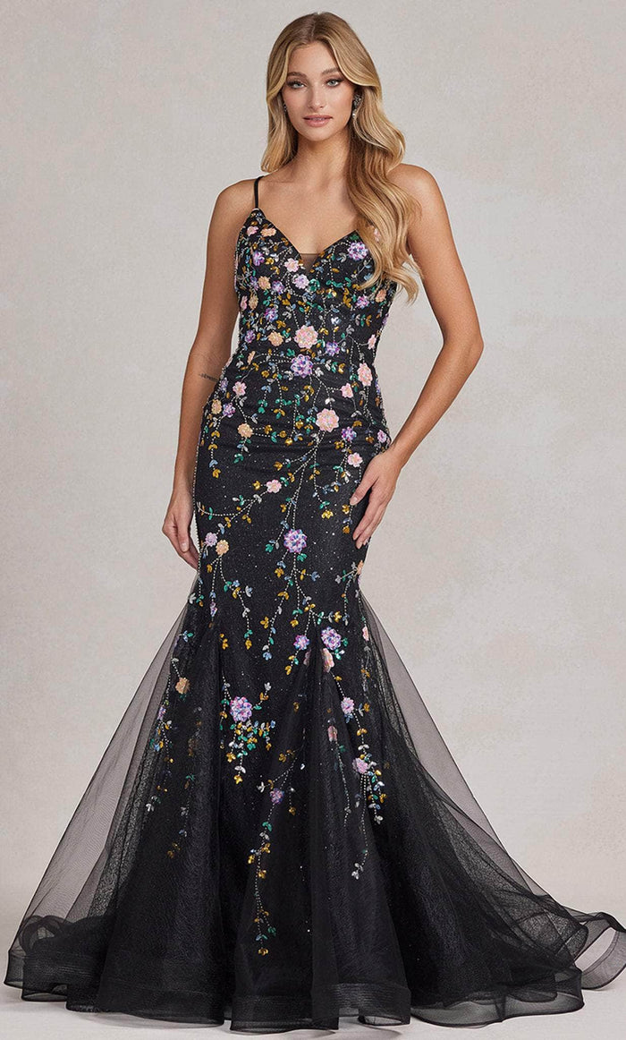 Nox Anabel C1117 - V-Neck Floral Beaded Prom Gown Prom Dresses 00 / Black Multi