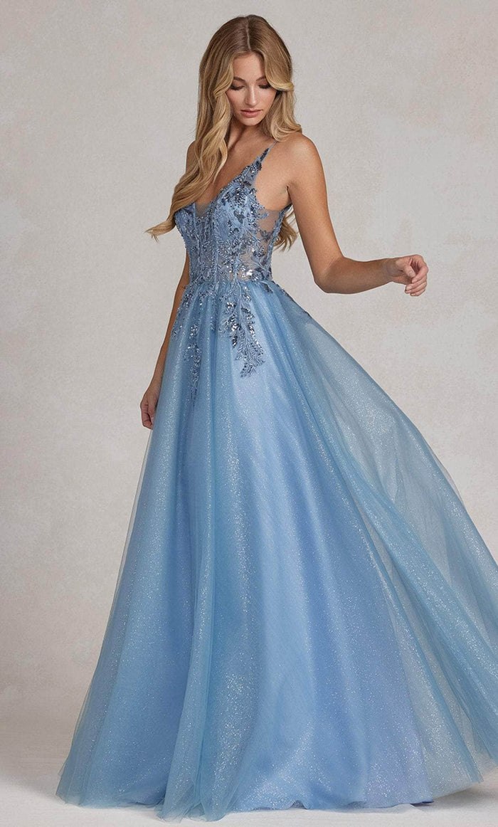 Nox Anabel E1125 - Glittered Tulle Prom Dress Prom Dresses 00 / Dusty Blue