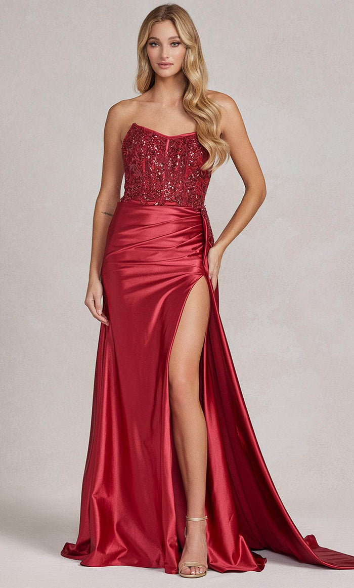Nox Anabel E1174 - Beaded V-Neck Prom Gown Evening Dresses 00 / Burgundy