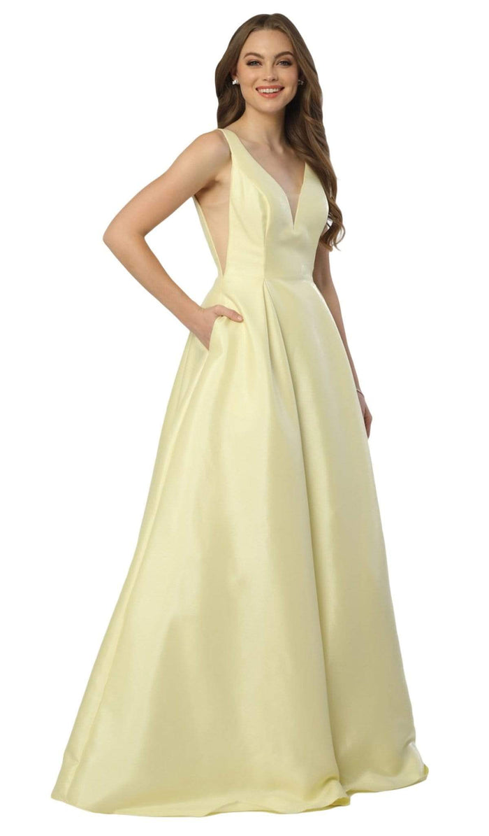 Nox Anabel - E156 Sleeveless Illusion Panel V Neck A-Line Gown Prom Dresses XS / Lemon