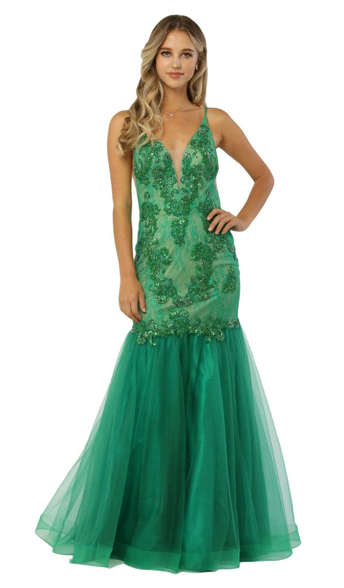 Nox Anabel - E185 Sleeveless V Neck Beaded Lace Tulle Mermaid Gown Special Occasion Dress XS / Green