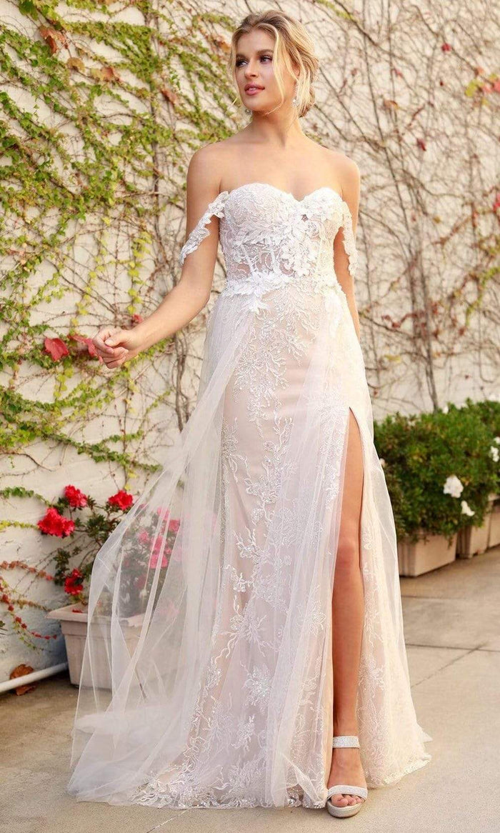 Nox Anabel - E441 Off Shoulder Appliqued High Slit Bridal Gown Wedding Dresses 2 / White&Champagne