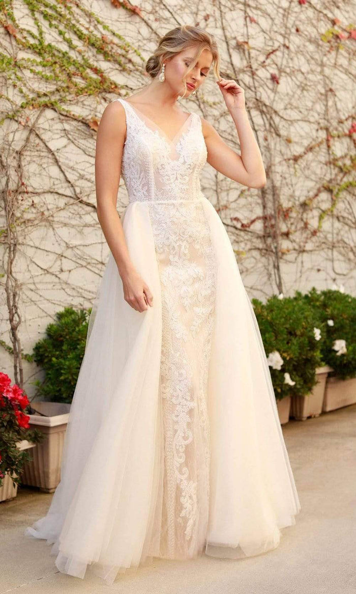 Nox Anabel - E474 Lace Applique A-Line Dress Wedding Dresses 2 / White&Nude