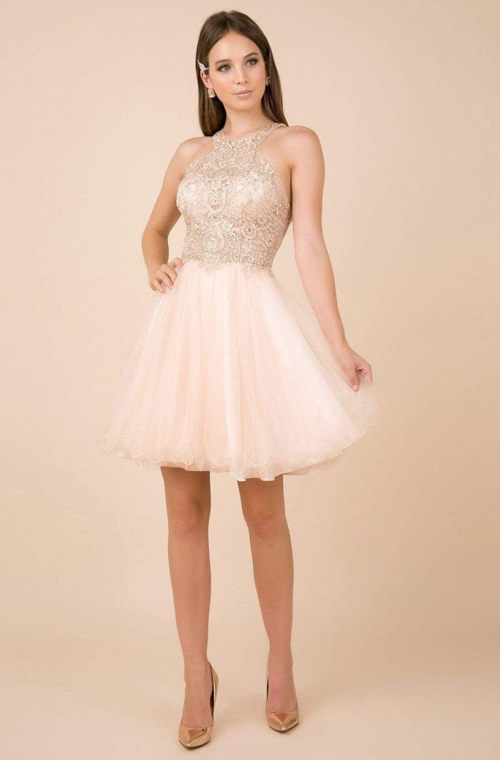 Nox Anabel - E696 Lace Halter A-Line Short Dress Homecoming Dresses XS / Champagne