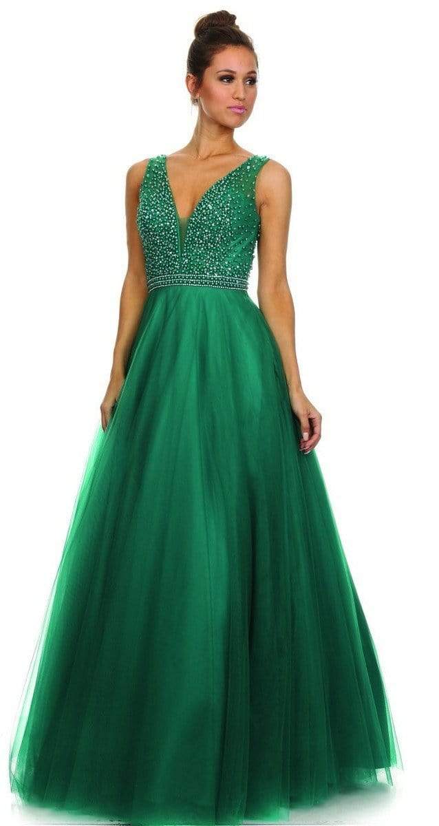 Nox Anabel - Embellished V-Neck Evening Gown 8219 - 1 pc Green in Size L Available CCSALE L / Green