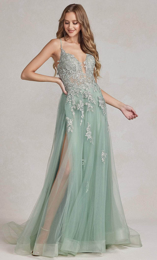 Nox Anabel G1149 - Embroidered Plunging V-Neck Prom Gown