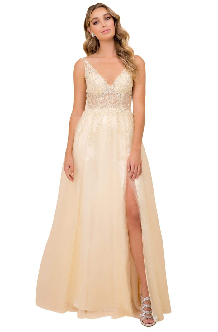 Nox Anabel - G390 Beaded Appliques V-Neck Gown Prom Dresses 4 / Pale Yellow
