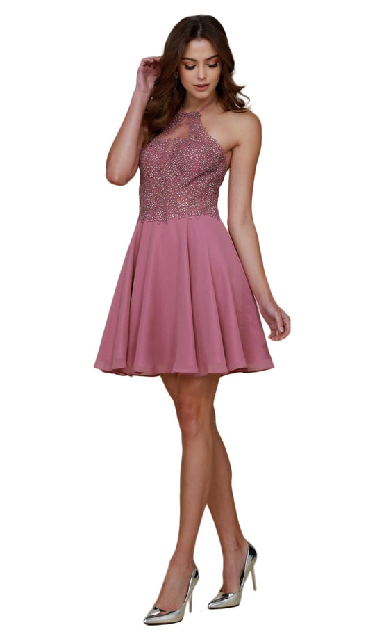 Nox Anabel - G657 Applique Halter Neck A-line Dress Special Occasion Dress XS / Mauve