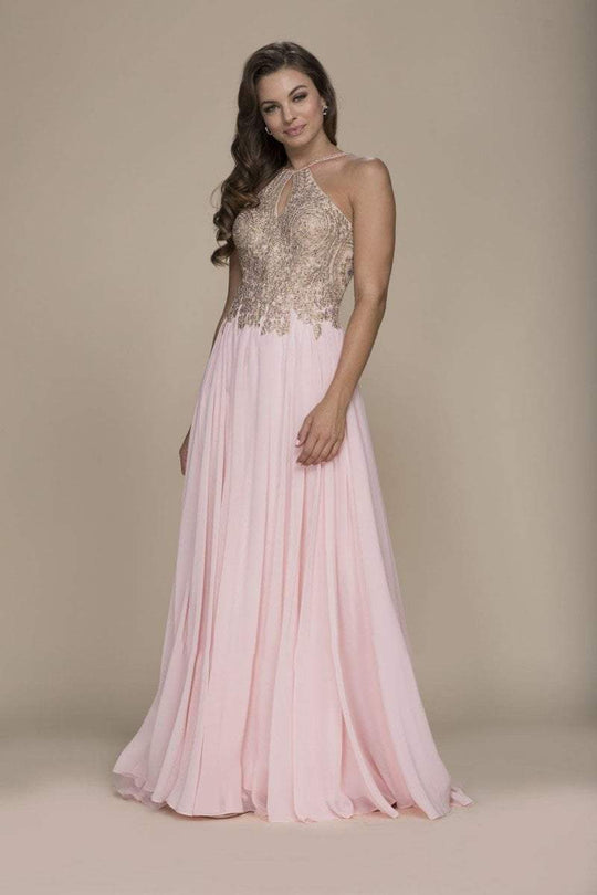 Nox Anabel - Gilded Lace Cutout Halter Chiffon Gown B084 - 1 pc Navy In Size 3XL Available CCSALE 3XL / Navy