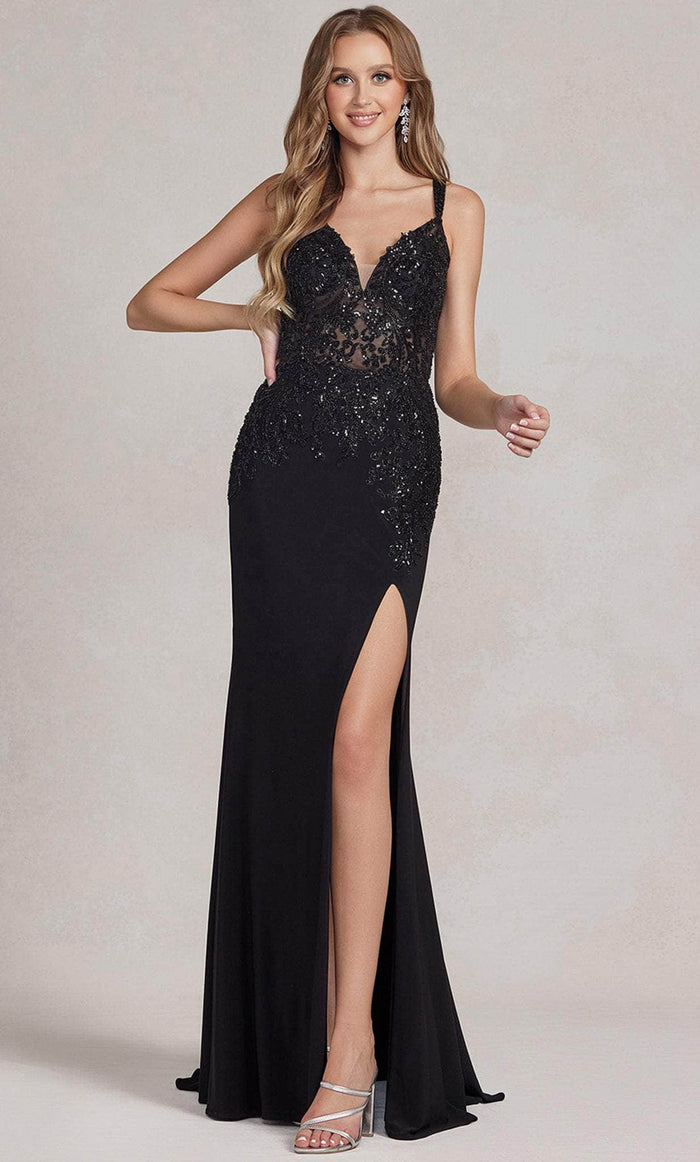Nox Anabel H1090 - V-Neck Embroidered Prom Dress Evening Dresses 00 / Black