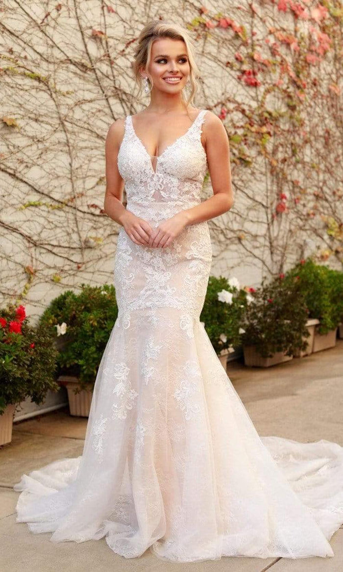 Nox Anabel - H493 V Neck Open Back Wedding Dress Wedding Dresses 2 / White&Nude