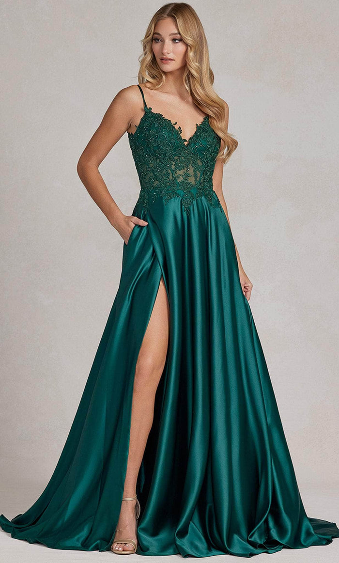 Floral Embroidered Sheer Elegance: Nox Anabel's Captivating Gown