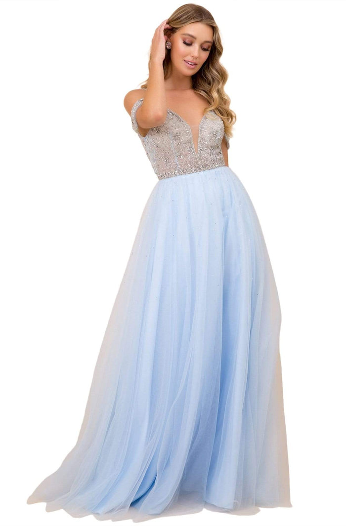 Nox Anabel - L342 Bejeweled Bodice Cold Shoulder Long Gown Bridesmaid Dresses 4 / Blue