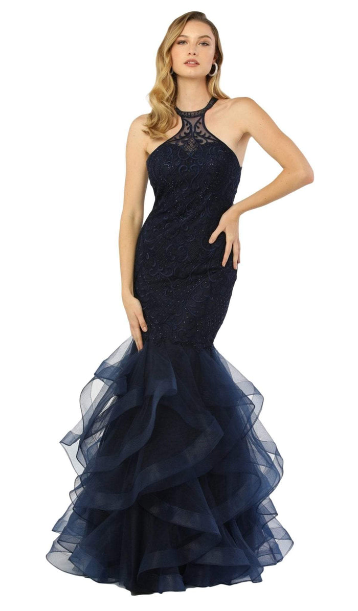 Nox Anabel - M189 Beaded Lace High Halter Tulle Mermaid Gown Special Occasion Dress XS / Navy