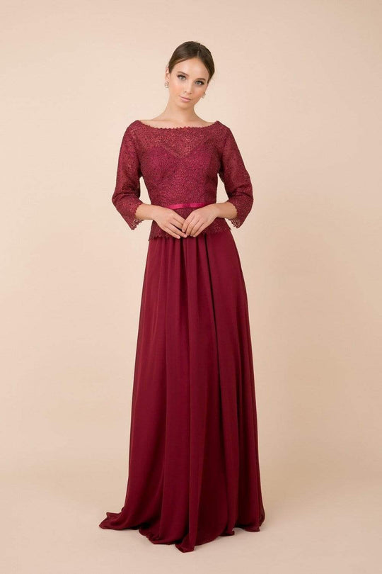 Nox Anabel - M520 Lace Quarter Length Sleeve Bateau A-line Dress Mother of the Bride Dresses M / Burgundy