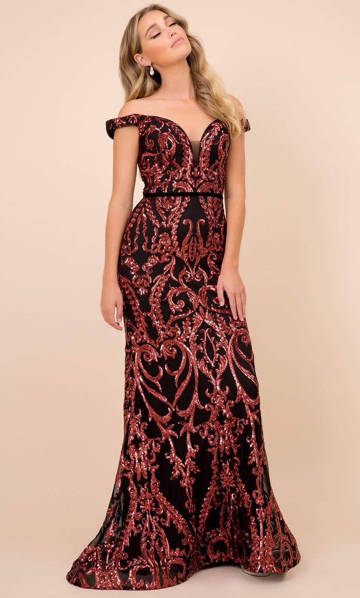 Nox Anabel P418 - Off Shoulder Embellished Evening Gown Special Occasion Dress 2 / Black & Burgundy