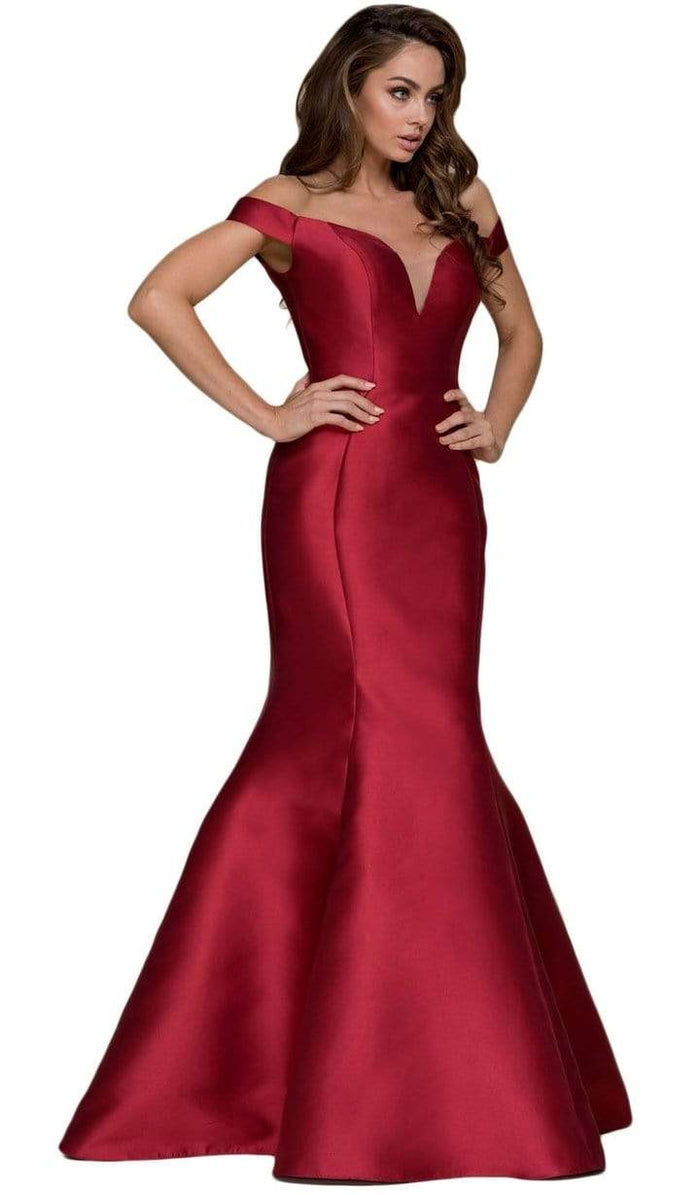 Nox Anabel Plunge Detailed Off Shoulder Mikado Trumpet Gown C004 - 1 pc Burgundy in Size M Available CCSALE M / Burgundy