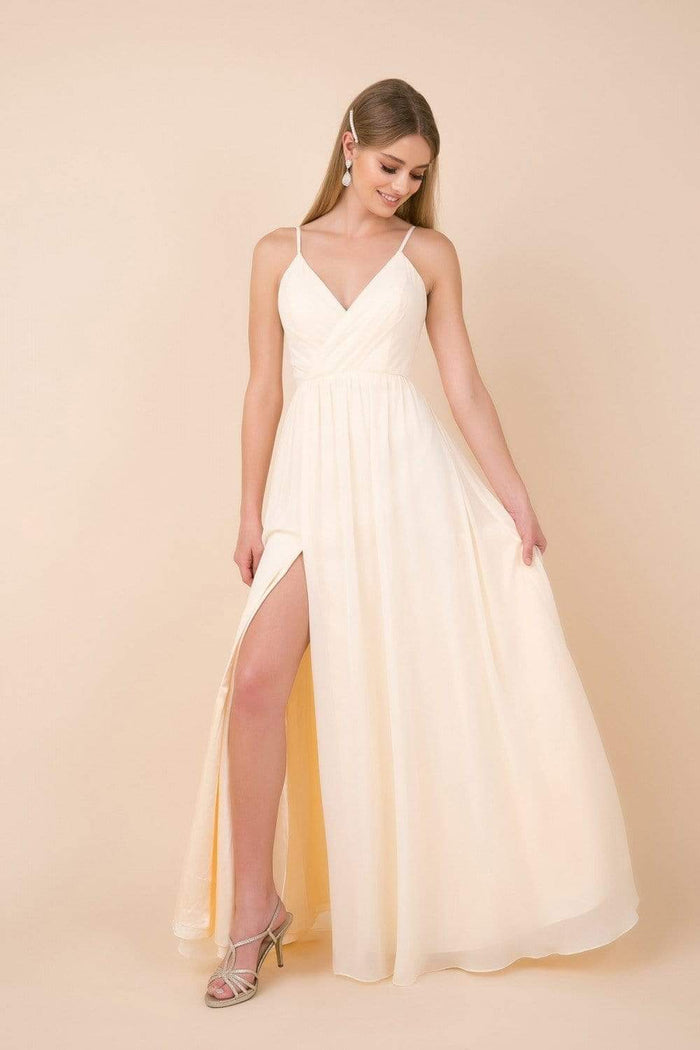 Nox Anabel - R275P Plunging V-neck A-line Dress With Slit Prom Dresses 4XL / Light Gold