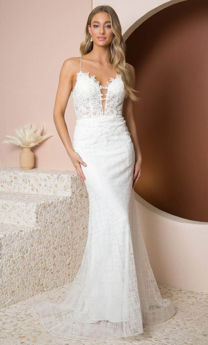 Nox Anabel R282-1W - Embroidered Lace Sheath Gown Wedding Dresses 2 / White