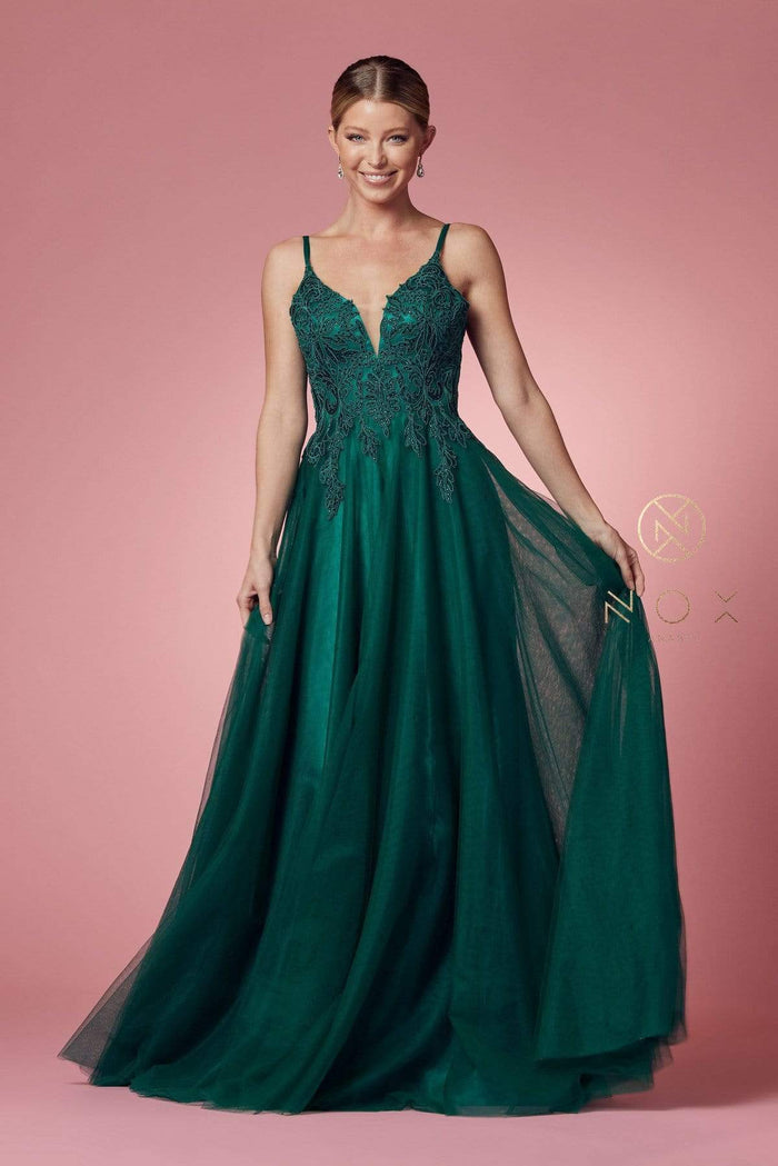 Nox Anabel - R357 Plunging Embroidered Lace Bodice Gown Prom Dresses 4 / Hunter Green