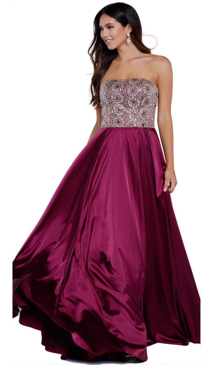 Nox Anabel Strapless Bejeweled Sleek A-Line Gown CCSALE XS / Burgundy