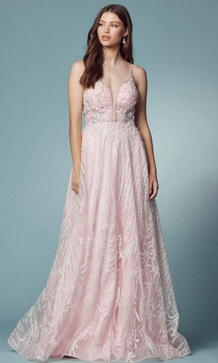 Nox Anabel T1009 - Embroidered V-back Long Dress Prom Dresses 00 / Pink