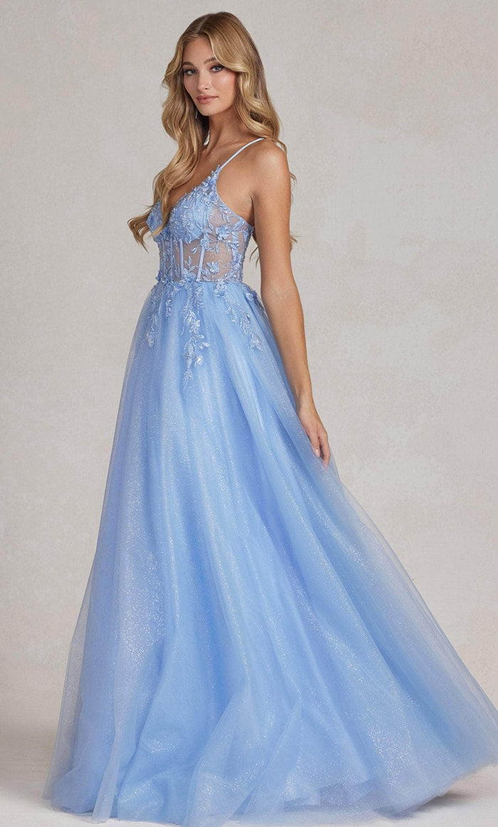 Nox Anabel T1083 - V Neck Glittered A-line Dress Prom Dresses 00 / Blue