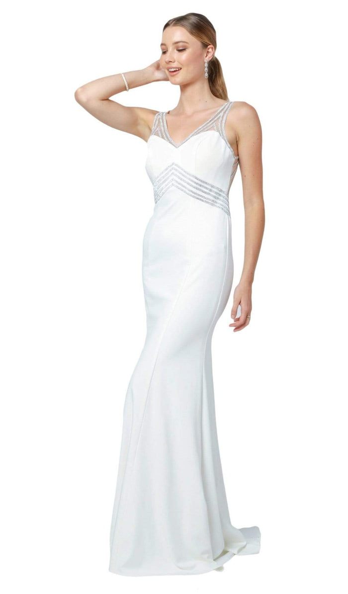 Nox Anabel - T253 Metallic Stripped Illusion Cutout Back Gown Special Occasion Dress XS / Ivory