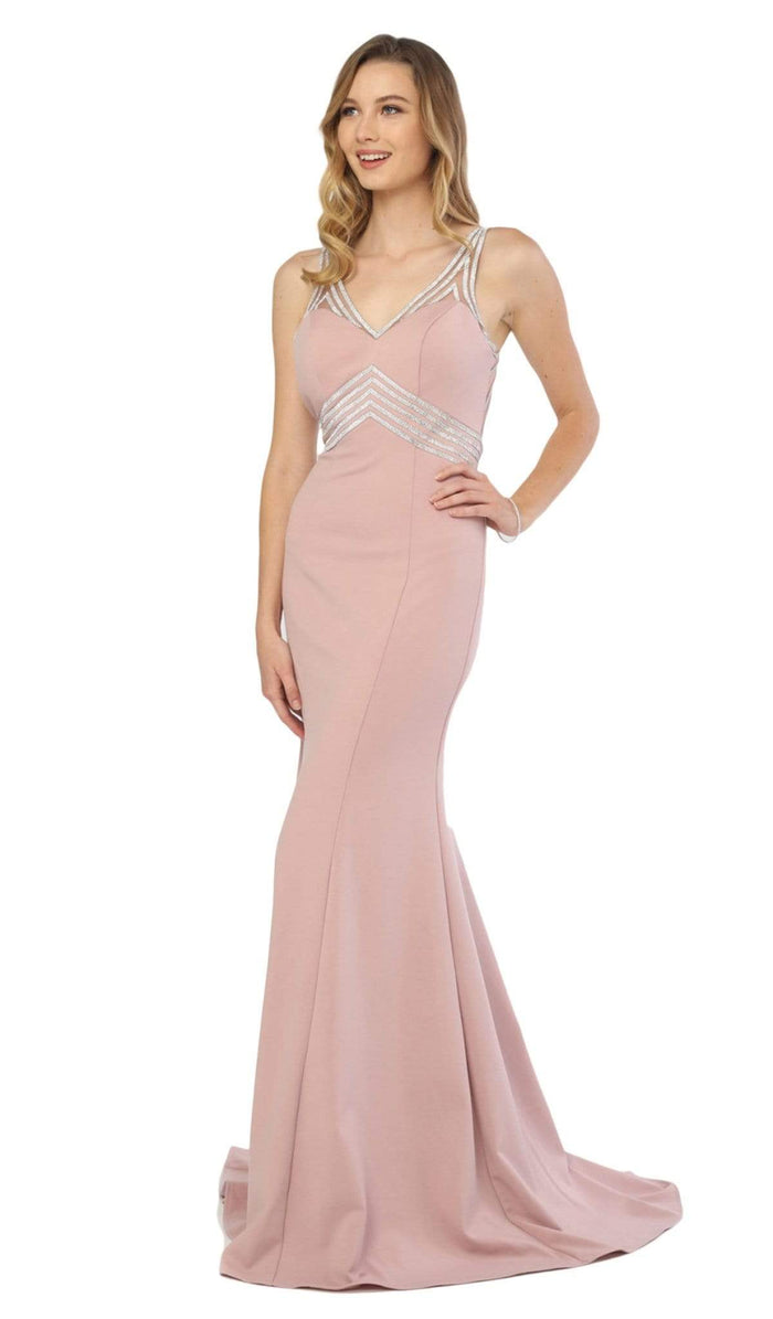 Nox Anabel - T253 Metallic Stripped Illusion Cutout Back Gown Special Occasion Dress XS / Rose