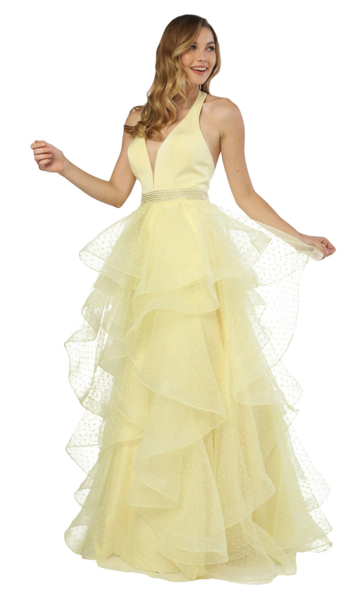 Nox Anabel - T256 Plunging Halter Dotted Lace Tiered Gown Special Occasion Dress XS / Lemon