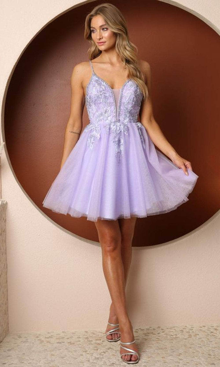 Nox Anabel T741 - Embroidered Plunging V-neck Short Dress Special Occasion Dress 00 / Lilac