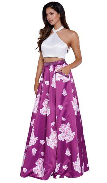 Nox Anabel - Two-piece Floral Halter A-line Evening Dress 8245 - 1 pc Floral Patterns In Size L Available CCSALE L / Floral Patterns