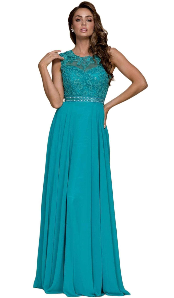 Nox Anabel - Y101 Sleeveless Illusion Jewel Ornate Lace Gown Evening Dresses XS / Jade