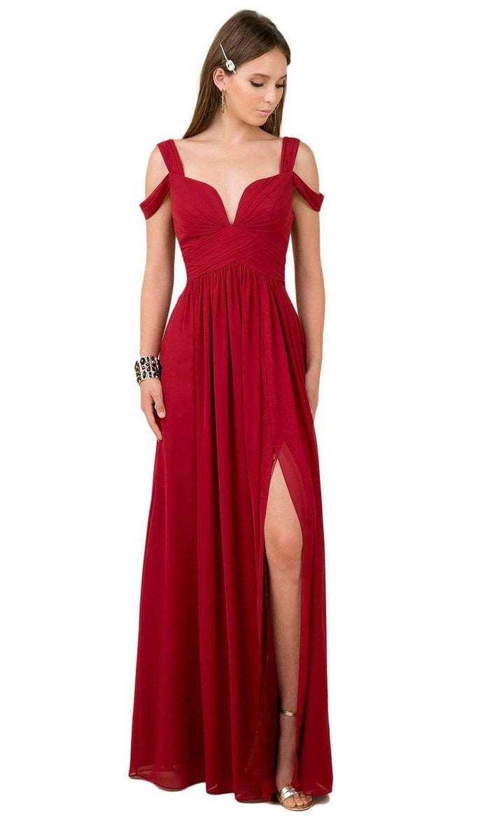 Nox Anabel - Y277 Cold Shoulder V Neckline A-Line High Slit Gown Prom Dresses XS / Burgundy