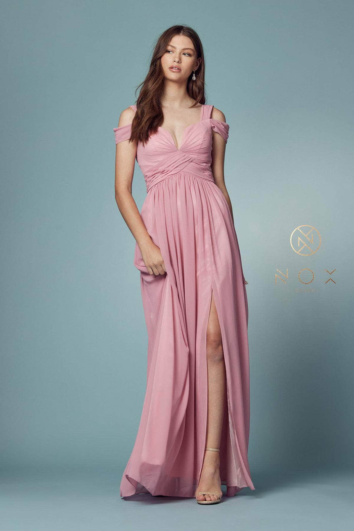 Nox Anabel - Y277P Cold Shoulder V Neckline A-Line High Slit Gown Prom Dresses 4XL / Desert Rose